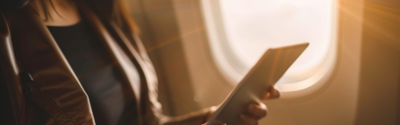 Q&A With Max Goldfarb, Altour's Chief Information Security Officer 10 woman in an airplane using a tablet.