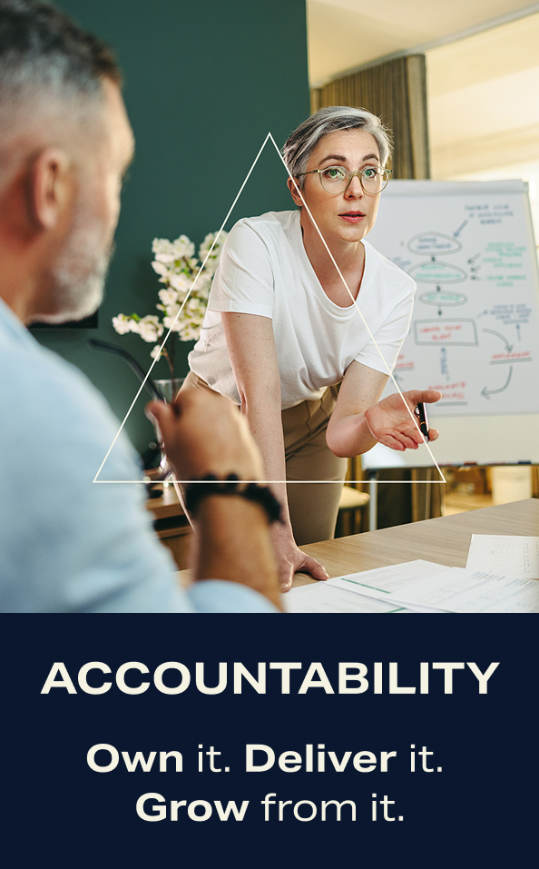 Accountability. Own it. Deliver it. Grow from it. Two workmates, un a desk, talking about work.