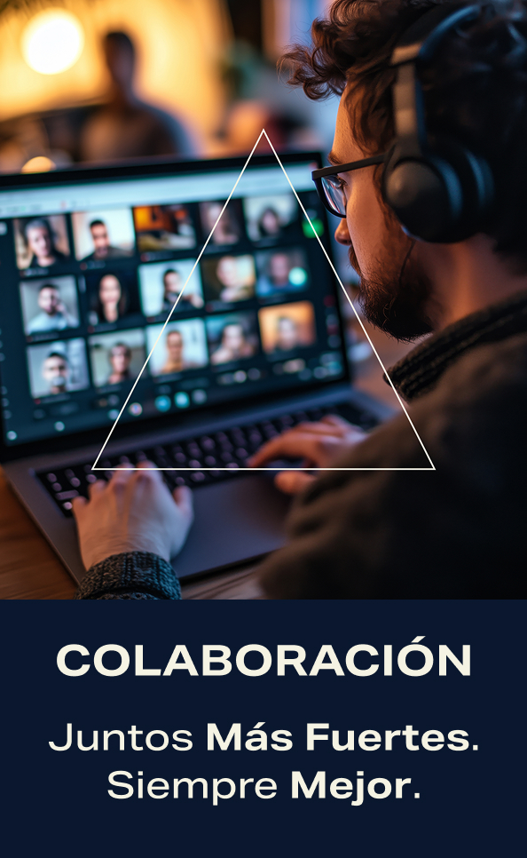 Colaboración. Juntos Más Fuertes. Siempre Mejor. Hombre usando audífonos, en una videollamada con otros compañeros de trabajo.