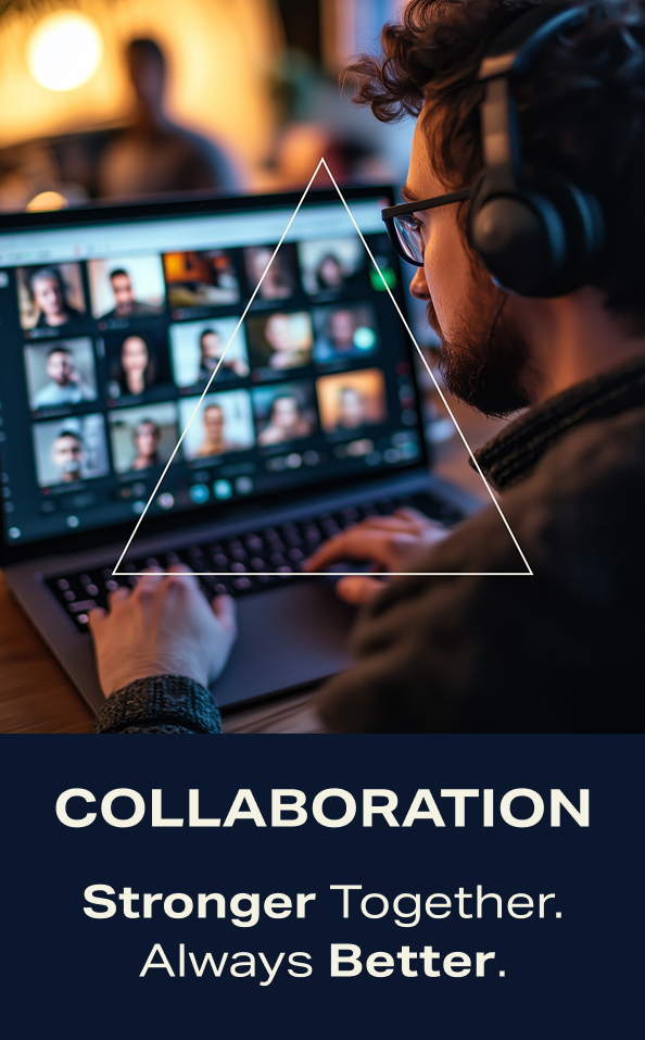 Collaboration. Stronger together. Always better. A man doing a videocall, using headphones.