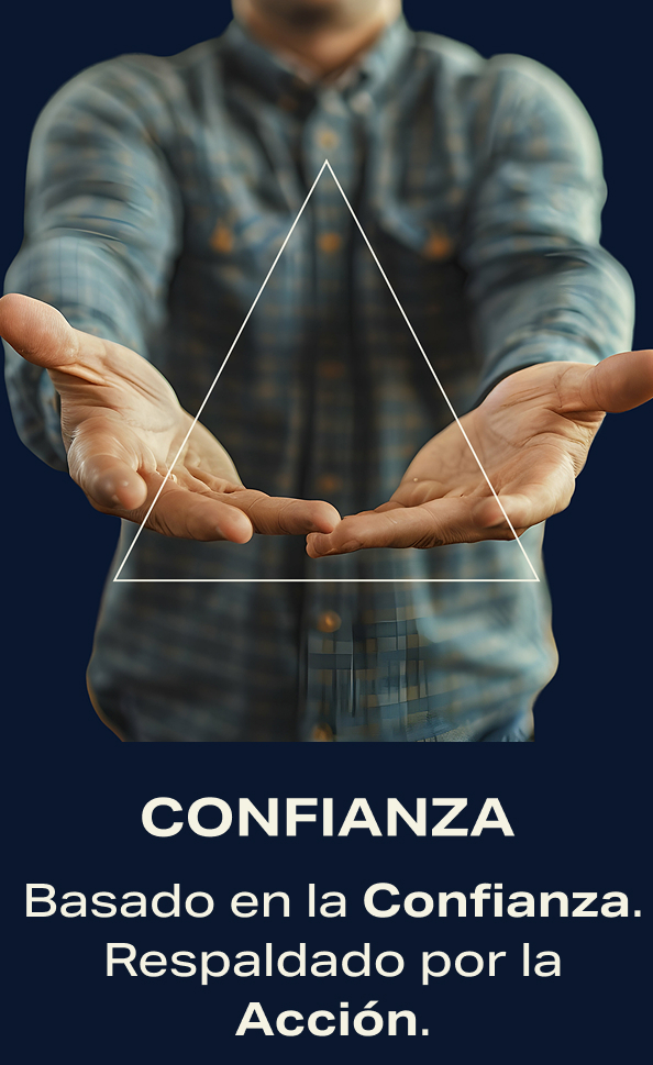 Confianza. Basado en la Confianza. Respaldado por la acción. Las manos de un hombre en primer plano, invitando a confiar.