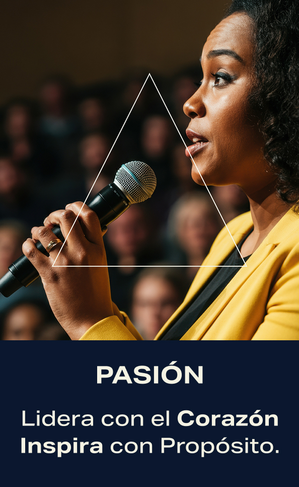 Pasión. Lidera con el Corazón. Inspira con Proósito. Mujer afrodescendiente, hablando por micrógono en una conferencia.