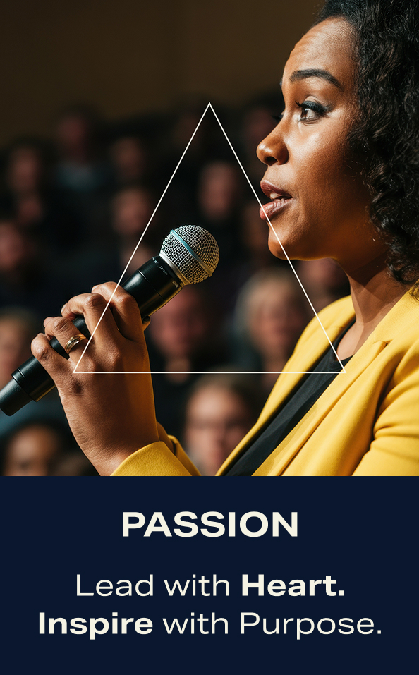 Passion. Lead with heart. Inspire with purpose. Black woman talking with a microphone.