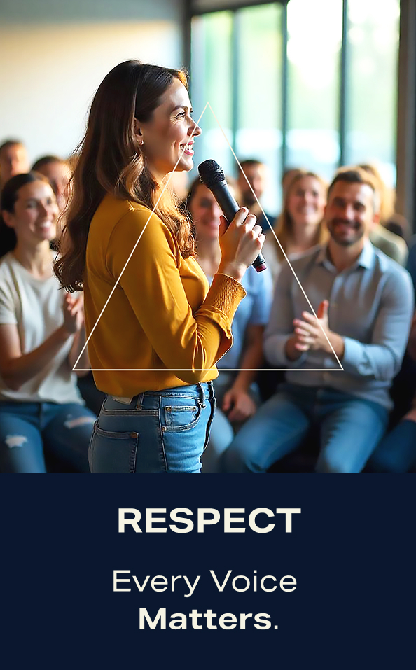 Respect. Every voice matters. A woman talking to an audience, using a microphone.