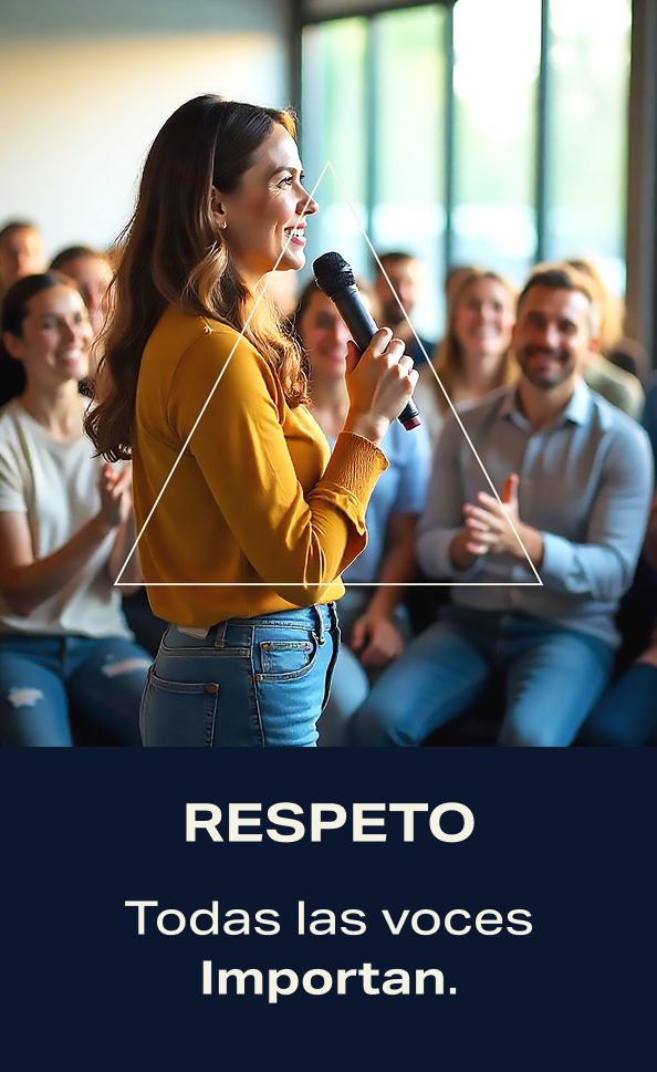 Respeto. Todas las voces Importan. Mujer hablando por micrófono en un auditorio. Está dando una conferencia.